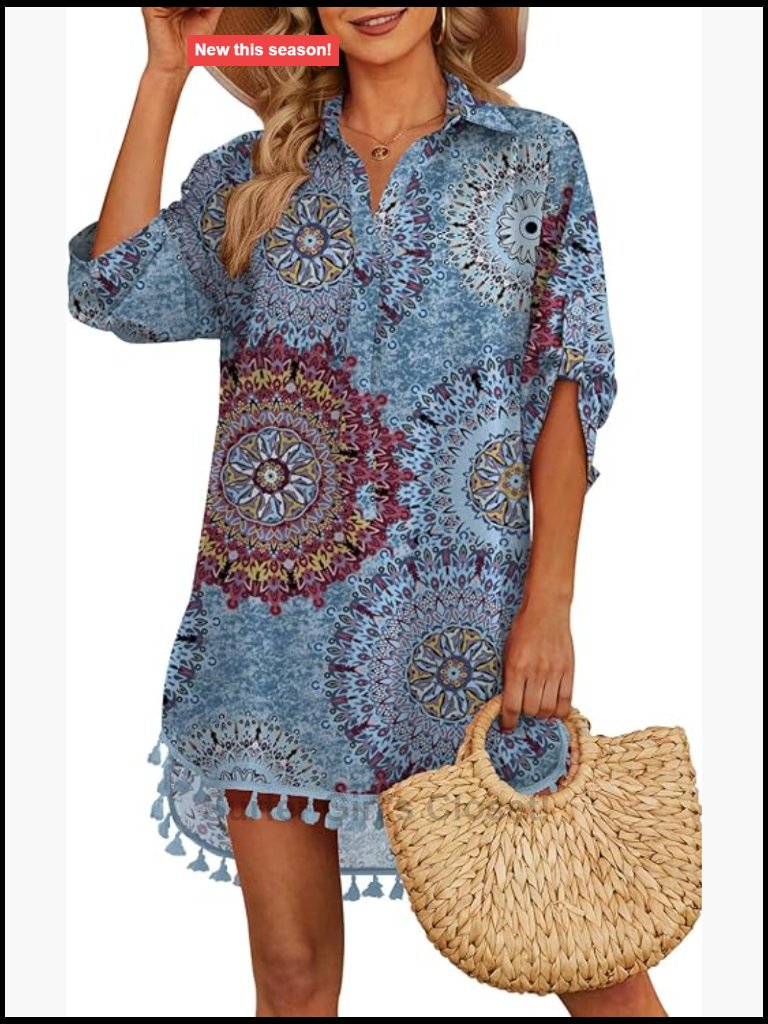 Tassel Swim Cover Up V Neck Flowy Beach Dress With Pockets